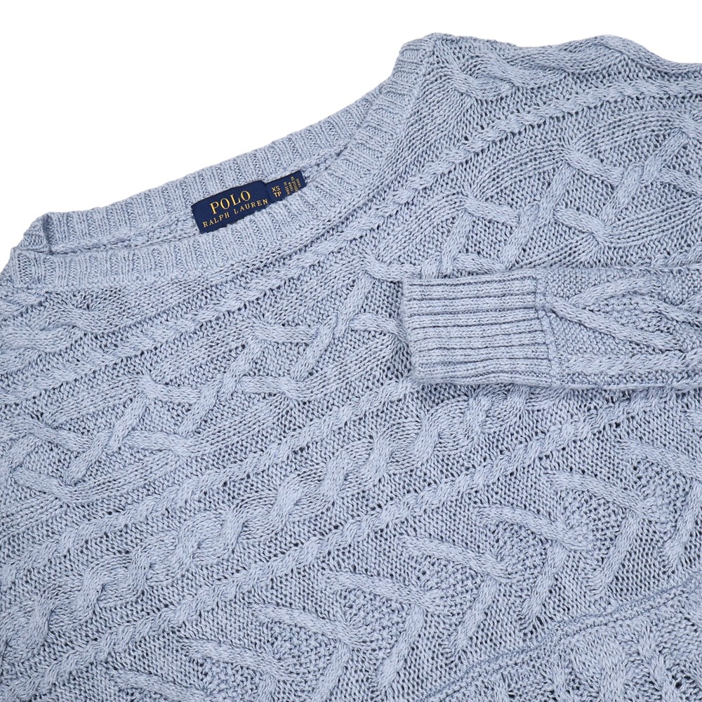 POLO RALPH LAUREN Women's XS Light Blue Cotton Linen Mixed Cable Knit Sweater